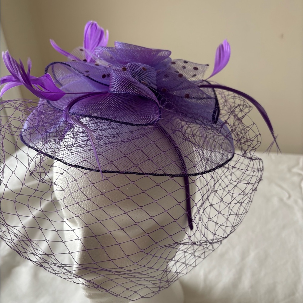 Vibrant Purple Cocktail Hat with Netting and Feathers